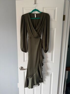 Mango Olive Green Long Sleeve Wrap Maxi Dress